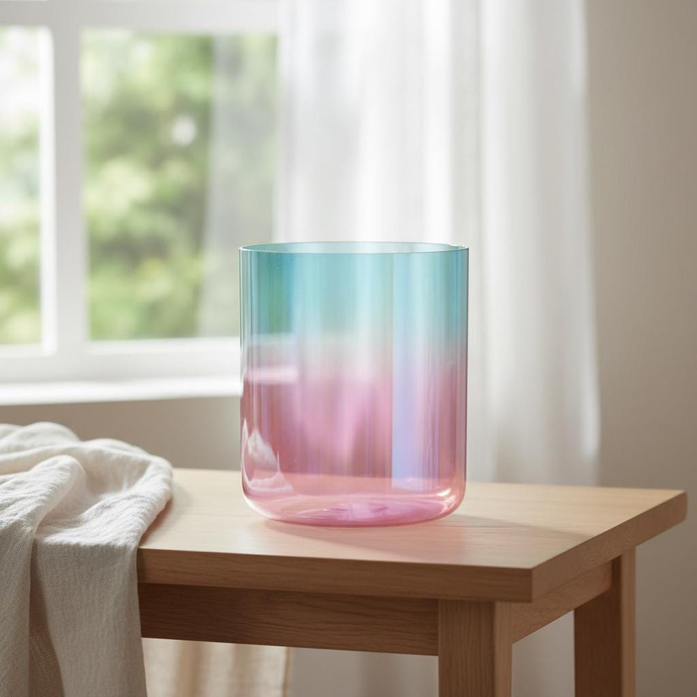 Radiant Sky Throat Chakra Perfect Pitch 432 Hz Clear Quartz 7.5" G-Note Singing Bowl - Suede Striker, O-Ring, and Padded Carry Case
