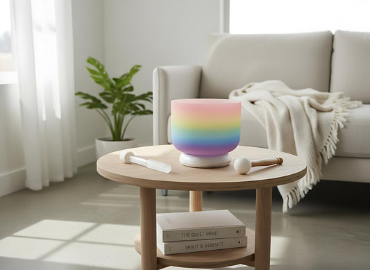 May include: A rainbow-colored crystal singing bowl sits on a wooden table with a white base. A wooden mallet and a clear quartz wand are placed on the table. Two books titled 'THE QUIET MIND' and 'SPIRIT & ESSENCE' are on the shelf below. A white sofa and a potted plant are in the background.