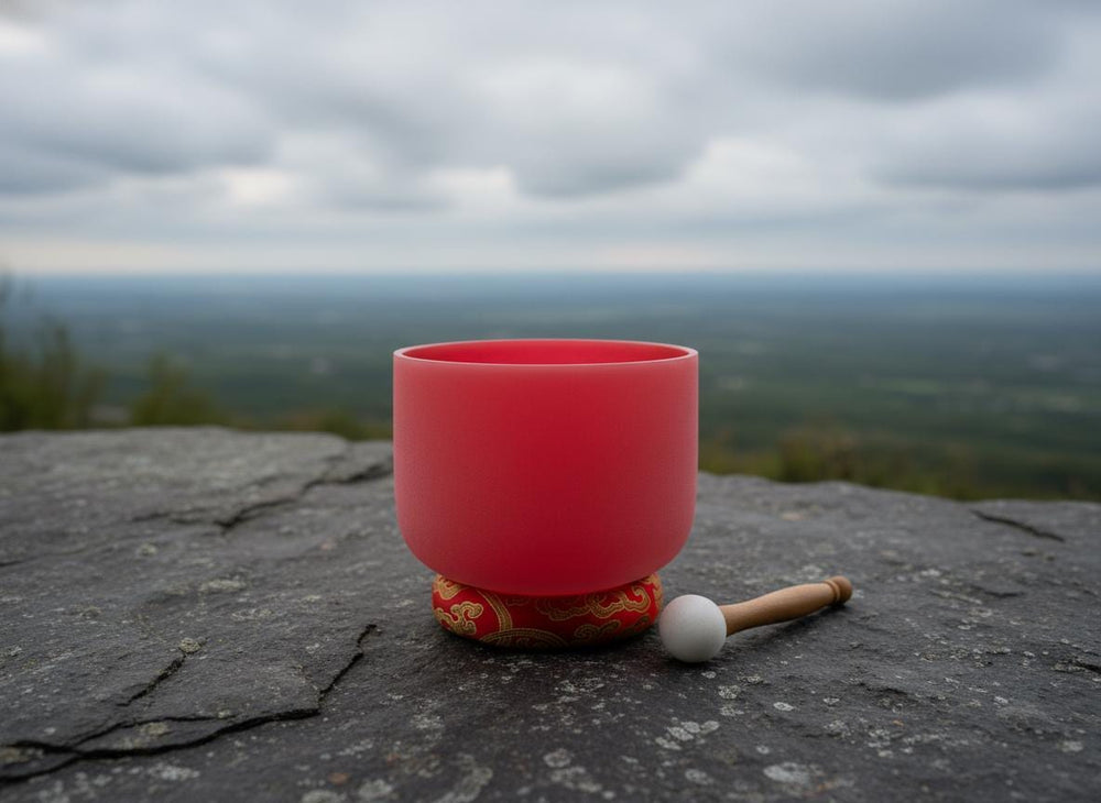 432 Hz 8" Root Chakra Singing Bowl with Tuning Fork - Perfect Pitch C-Note Sound Bowl with Matching Color Cushion and Light Up Striker