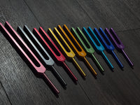 9pc Color Unweighted Set Of All 9 Solfeggio Frequencies - Silver Tuning Forks, Gemstone Boot, Gem Feet, Bio-field, Sound Vibration