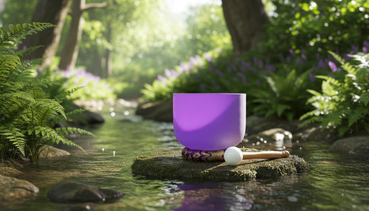 432 Hz 8" Crown Chakra Singing Bowl with Tuning Fork - Perfect Pitch B-Note Sound Bowl with Matching Color Cushion and Light Up Striker