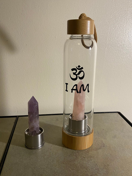 OM - I AM Crystal infused Borosilicate Glass Water Bottle Healing Rose Quartz And Amethyst Wand Point Inserts with Bamboo Lid and Base