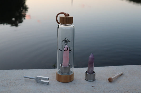 JOY Crystal Infusion Kit - Resonator 4096 Hz Vibration Rose Quartz And Amethyst Wand Point Inserts with Bamboo Lid and Base