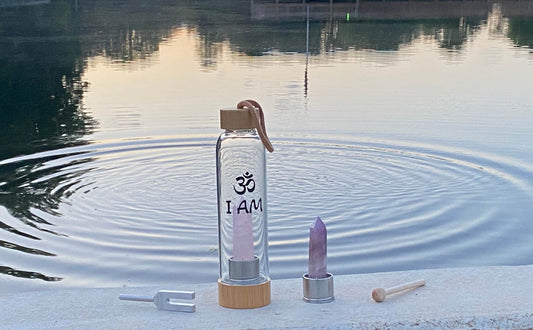 OM - I AM Crystal Infusion Kit - Resonator 4096 Hz Crystal Tuner Vibration Rose Quartz And Amethyst Wand Point Inserts, Glass, Bamboo