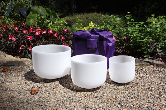 432 Hz 12" 10" 8" 3pc Set - 99.99% Quartz Crystal - Mallet, O-Ring, Purple Padded Carry Case