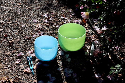 432 Hz 10" Heart Chakra and 8" Throat Chakra Singing Bowl Bundle - Throat Chakra Tuning Fork - Mallet, Suede Striker, Case, Sound Vibration