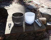 Obsidian Infused Perfect Pitch 8" Crystal Singing Bowl, 7" 3rd Eye Bowl, and 528 Hz Solfeggio Tuning Fork, Cushion, O-Ring, Carry Case