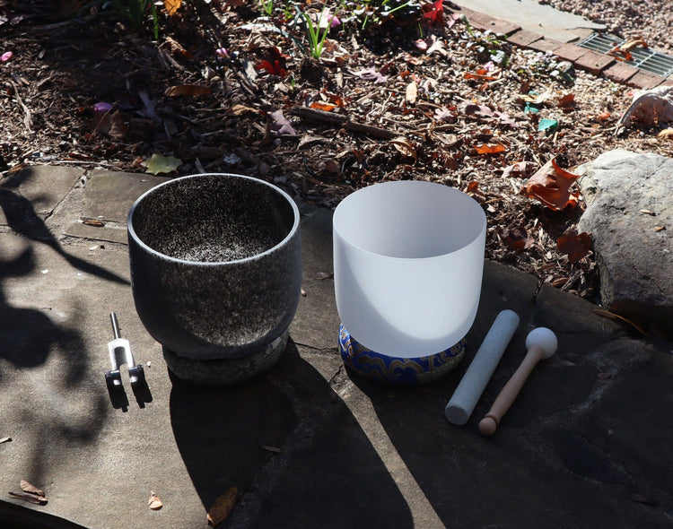 Obsidian Infused Perfect Pitch 8" Crystal Singing Bowl, 7" 3rd Eye Bowl, and 528 Hz Solfeggio Tuning Fork, Cushion, O-Ring, Carry Case