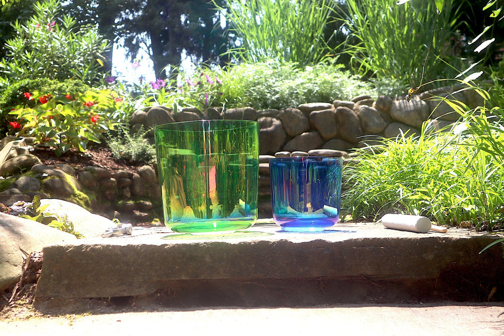 Cosmic Green and Indigo - Premium Clear Crystal Singing Bowls w/ Tuning Fork - Perfect Pitch 432Hz F and A Note