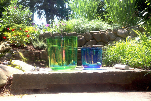 Cosmic Green and Indigo - Premium Clear Crystal Singing Bowls w/ Tuning Fork - Perfect Pitch 432Hz F and A Note