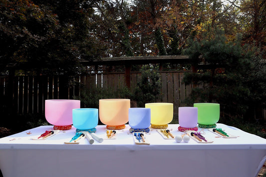 Myriad Melodies' Perfect Pitch 432 Hz Iridescent Light Singing Bowl Set - 10 Chakra Tuning Forks - 10 Crystal Attenuators - Protective Cases
