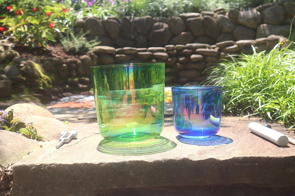 Cosmic Green and Indigo - Premium Clear Crystal Singing Bowls w/ Tuning Fork - Perfect Pitch 432Hz F and A Note
