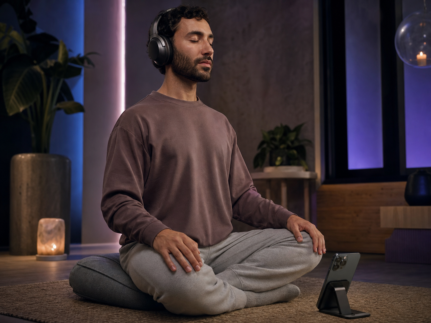 Person seated safely on a meditation cushion while using Melody Chat