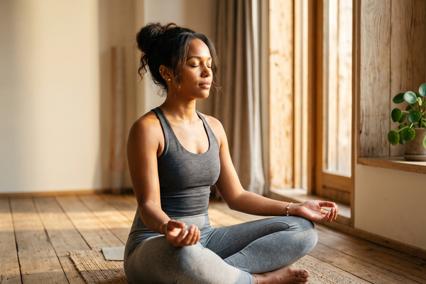 Woman seated in meditation in golden morning light, present and still