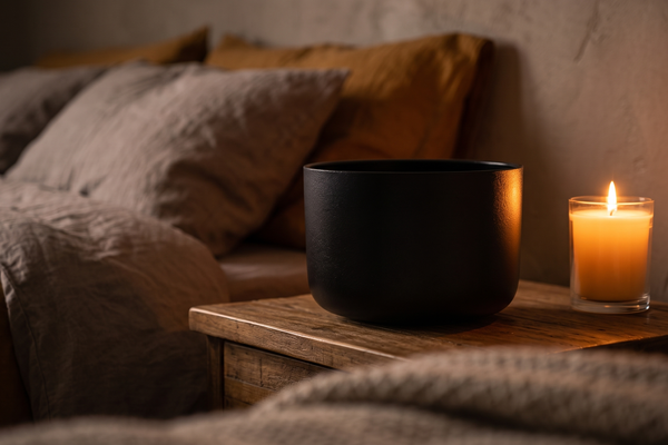 Dark earthy singing bowl on a wooden surface in warm candlelight for evening wind-down