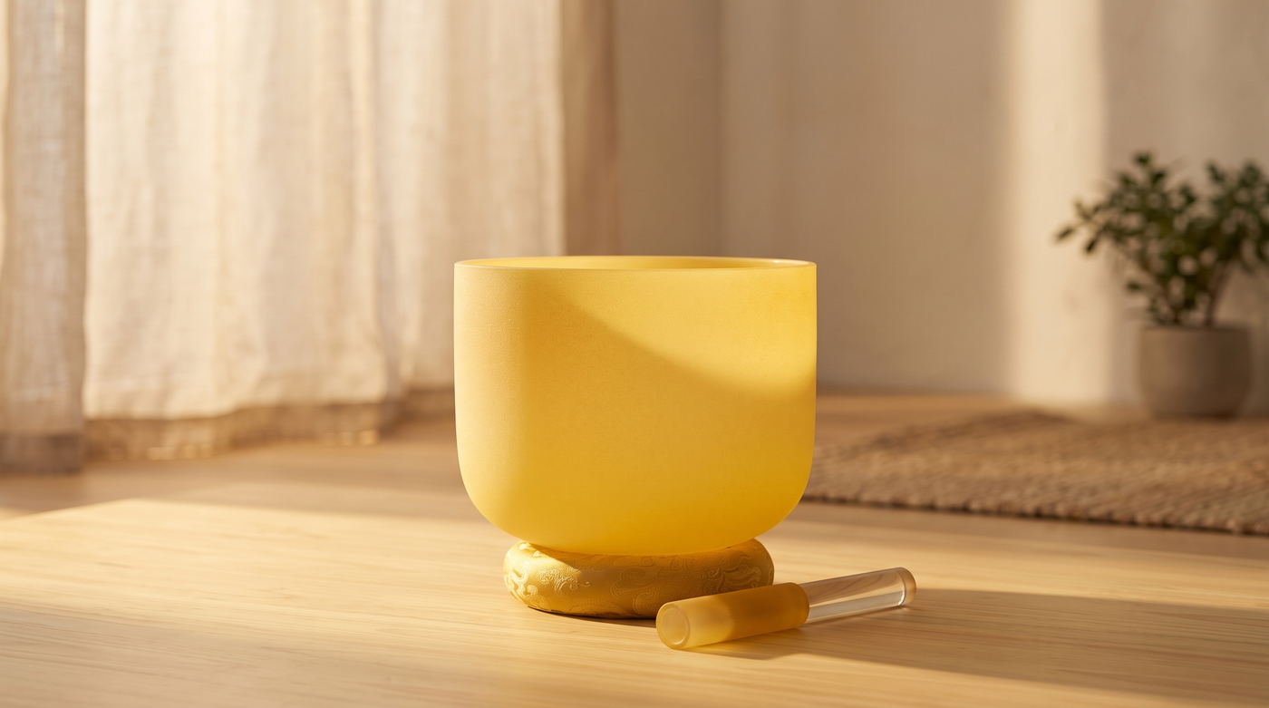Yellow crystal singing bowl on a gold cushion in a warm morning meditation setting