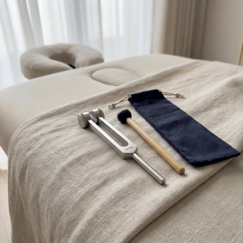 128 Hz OTTO Tuning Fork with drawstring pouch and striker on white background