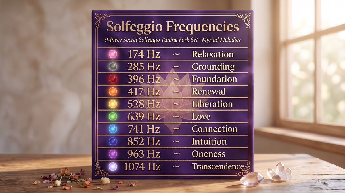 Solfeggio frequencies chart from 174 Hz through 1074 Hz