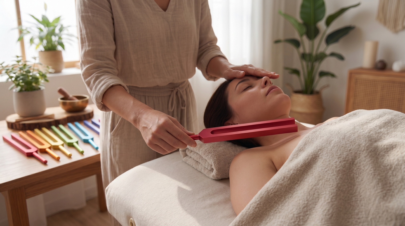 Person receiving a sound healing session while a practitioner uses a red chakra tuning fork near the forehead, with colorful tuning forks displayed in the background.