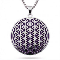 Purple and silver Flower of Life charm necklace detail