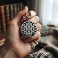 Black and silver Flower of Life charm necklace detail