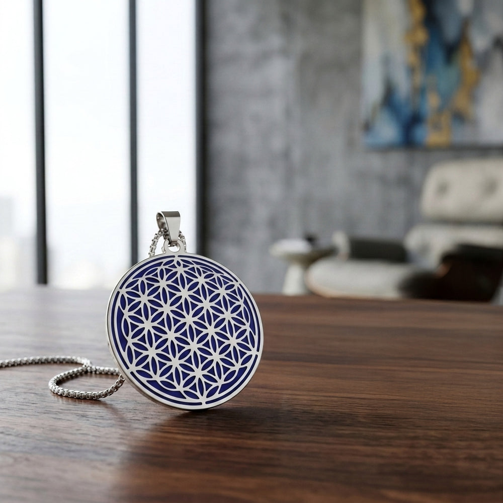 Indigo and silver Flower of Life charm necklace detail