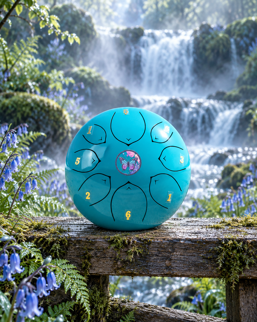 Light-blue Cosmic Butterfly 8-inch steel tongue drum displayed in front of a waterfall