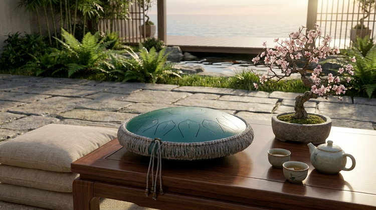 A serene outdoor setting with a wooden table, a teapot, a small bonsai tree, and a green and blue drum or instrument, all arranged on a stone patio.