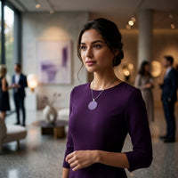 Purple and silver Flower of Life charm necklace worn in a lifestyle setting