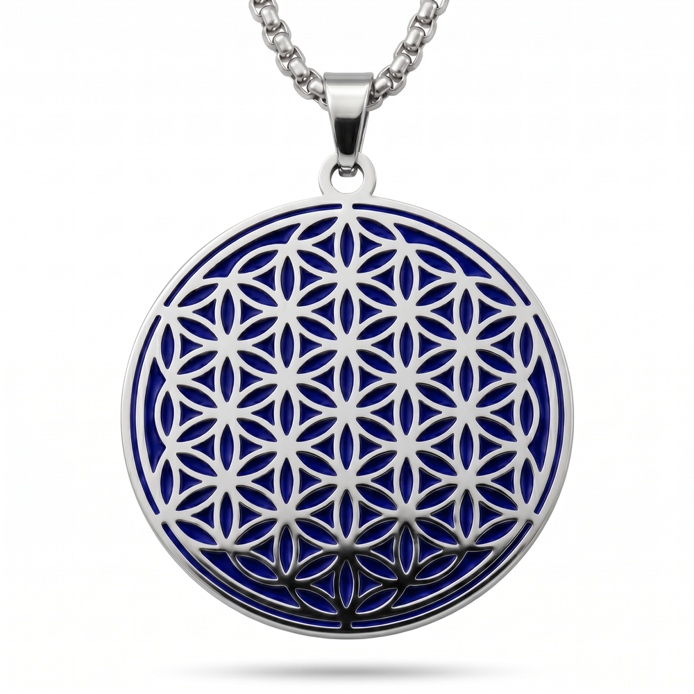 Indigo and silver Flower of Life stainless steel charm necklace on a white background