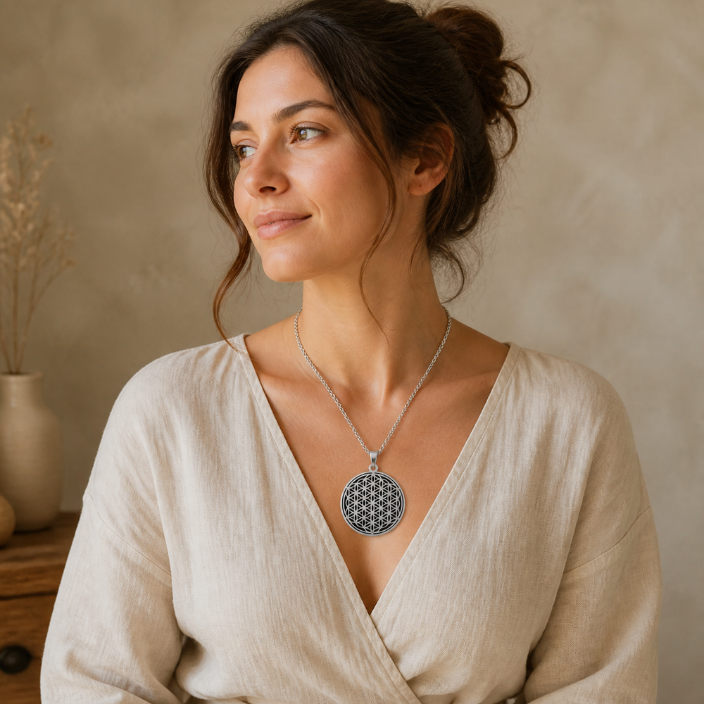 Black and silver Flower of Life charm necklace worn with a cream linen top