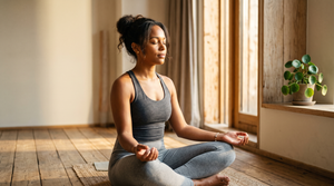 Person practicing mindful listening during a sound meditation session with singing bowls in a peaceful environment.