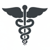 Dark caduceus icon featuring a winged staff with intertwined serpents, symbolizing healing, medicine, and wellness.