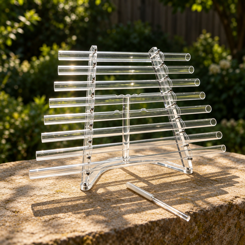 Clear eight-tube crystal harp with transparent acrylic frame and striker on sunlit garden stone