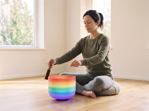 Circling a suede striker around the rim of a crystal singing bowl