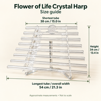 Flower of Life harp: 54 cm / 21.3 in wide, 34 cm / 13.4 in high, shortest tube 38 cm / 15.0 in