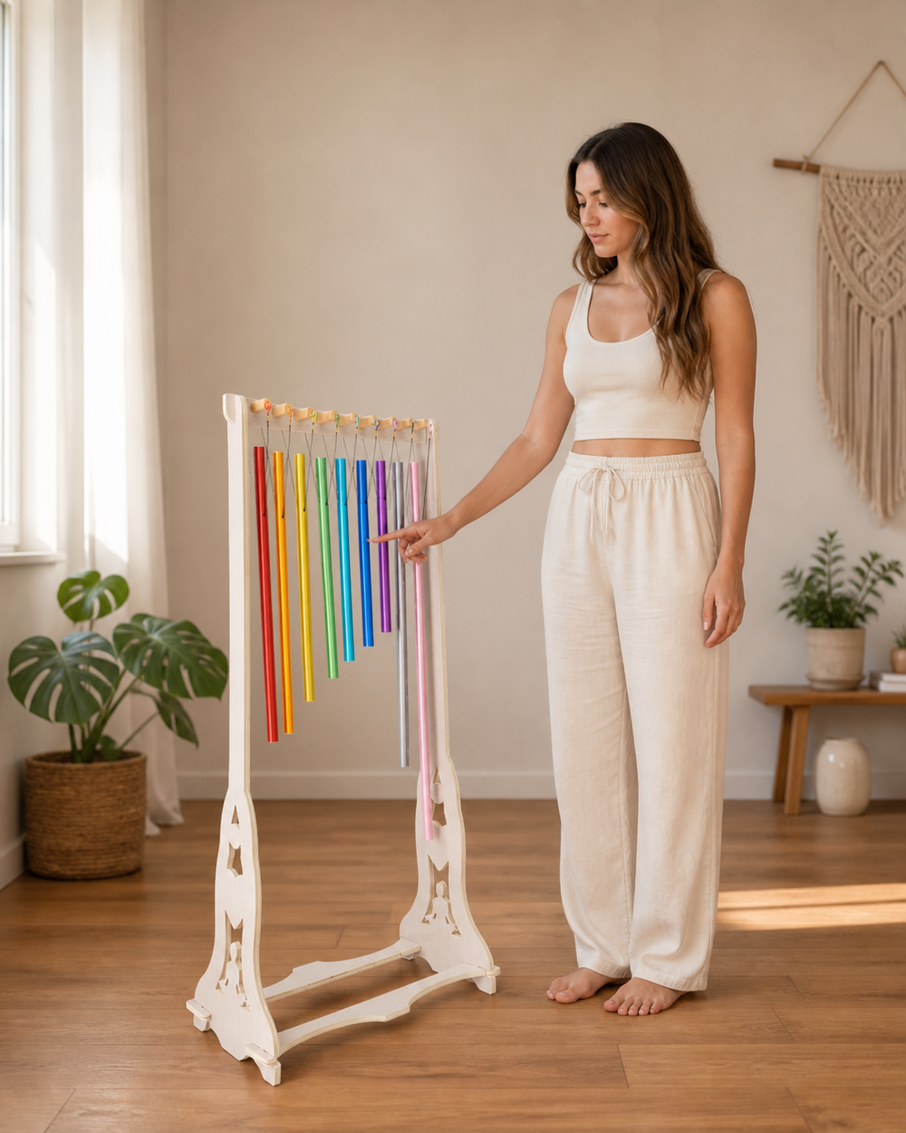 Average-height practitioner gently playing the 47-inch Harmony Chime Stand for scale