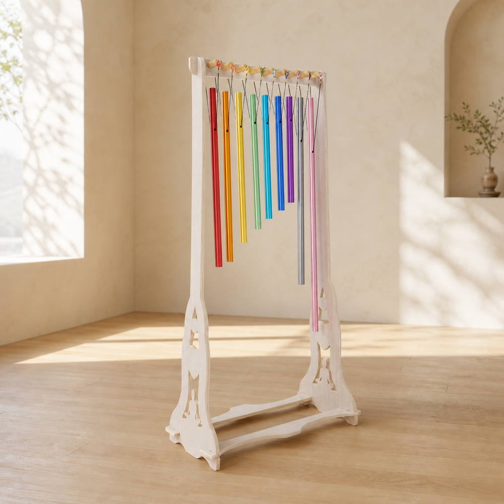 Harmony Chime Stand with nine Solfeggio chimes in a calm sound-healing studio