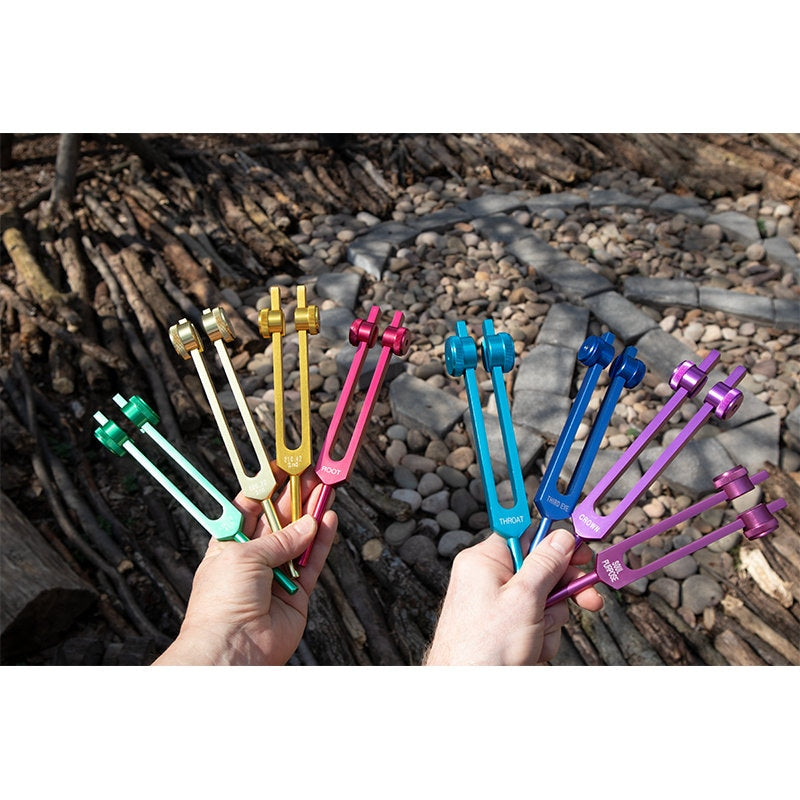Myriad Melodies' Professionally Tuned .25 - 8pc Chakra Premium Tuning Fork Set - Chakra Engrams, Crystal Attenuator Extender, Biofield