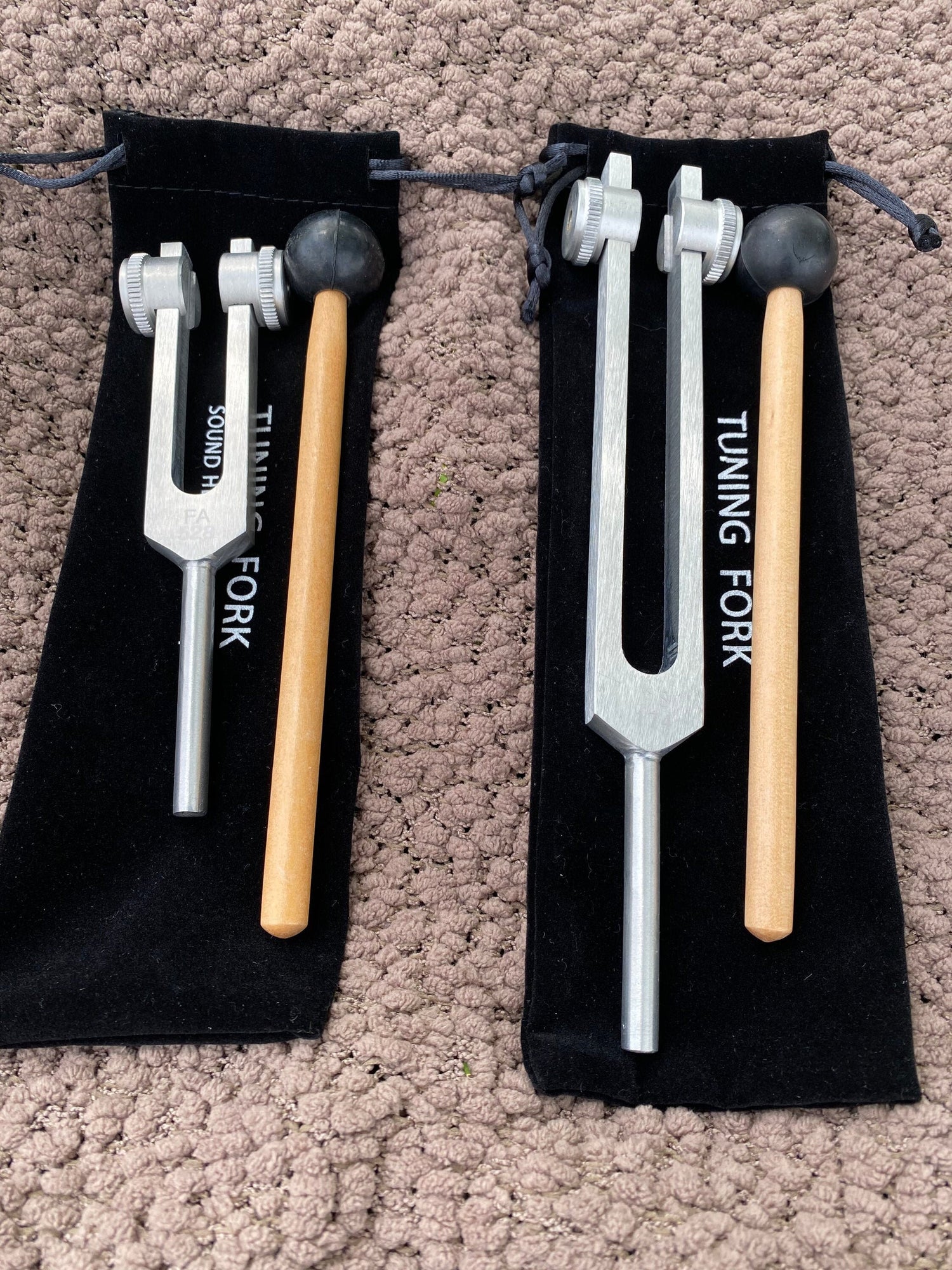 Weighted 174 Hz and 528 Hz Pair Silver Weighted anodized aluminum Tuning Forks - Attenuator Handle Extender with 10mm Crystal