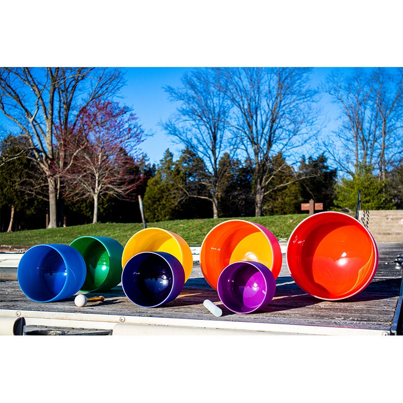 Myriad Melodies' Perfect Pitch (5 Cents) 432 Hz 6"-12" 7pc Luminous Chakra Color Bowl Set - 2 Cases, 2 Suede Strikers, 2 Mallets, 7 O-Rings