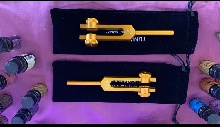 Gold FInish 432 Hz ad 528 Hz Set Best Tuning Forks for Vibration - Attenuator Handle Extender with 10mm Crystal
