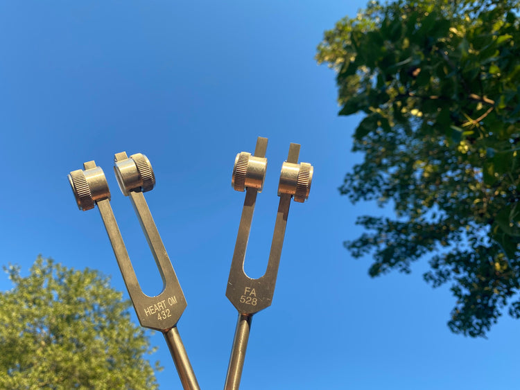 432 Hz and 528 Hz Silver Weighted Solfeggio Set Best Tuning Forks for Vibration - Attenuator Handle Extensions with 10mm Crystal