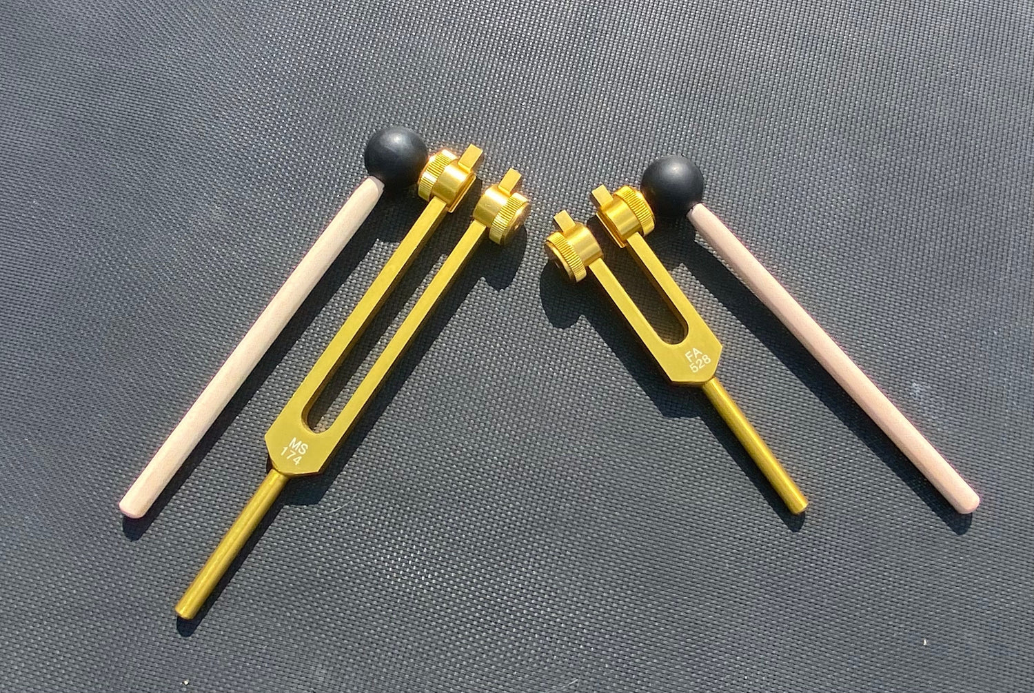 Gold Finish 174 Hz and 528 Hz Solfeggio Set Best Tuning Forks for Vibration - Attenuator Handle Extender with 10mm Crystal