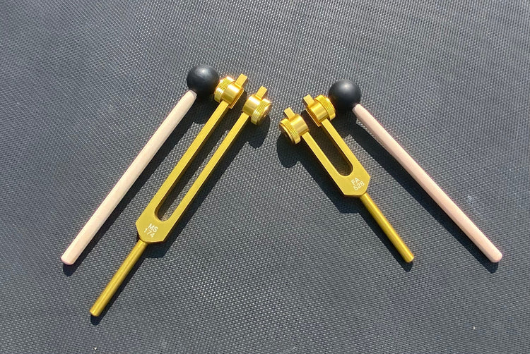 Gold Finish 174 Hz and 528 Hz Solfeggio Set Best Tuning Forks for Vibration - Attenuator Handle Extender with 10mm Crystal