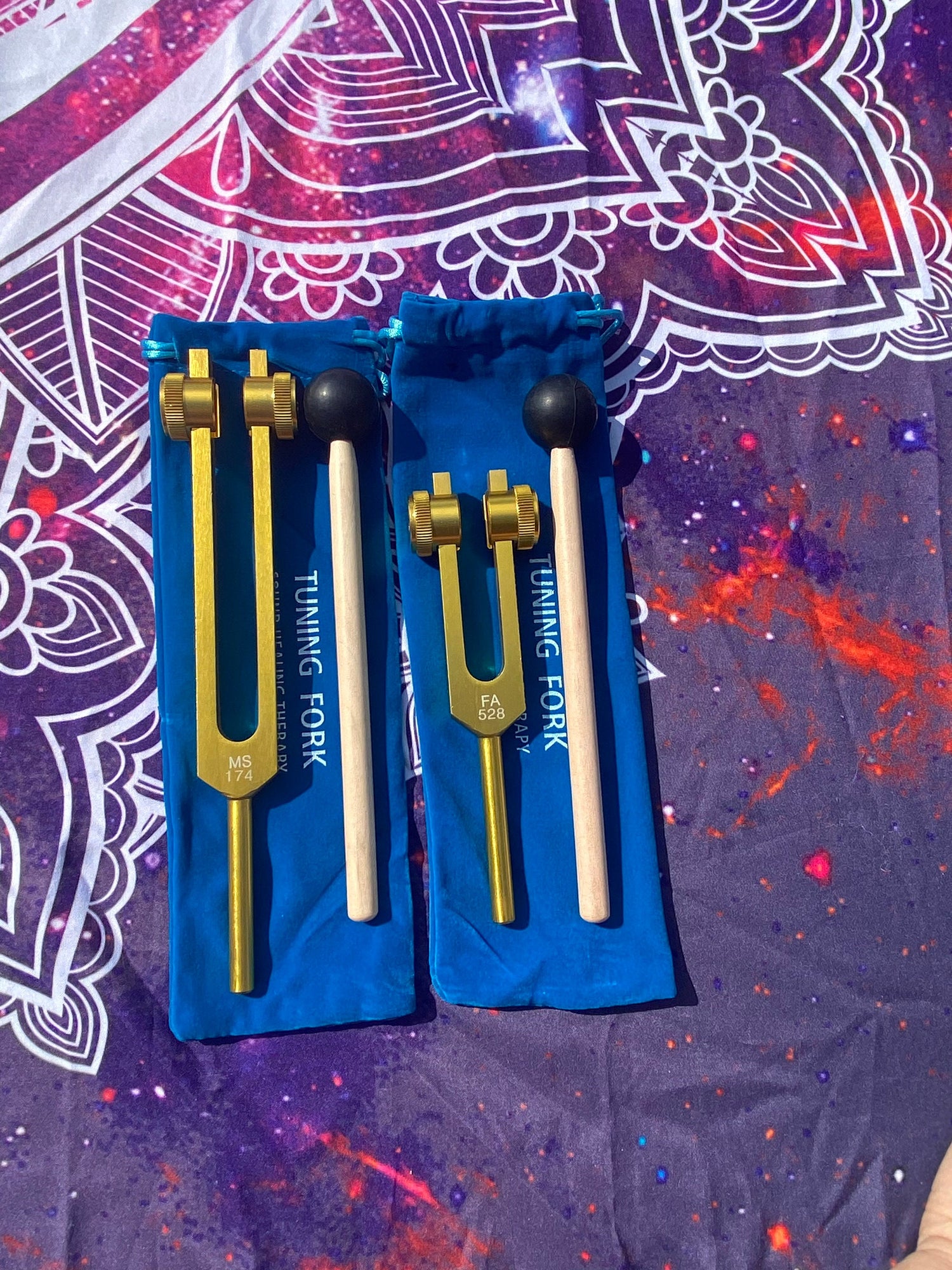 Gold Finish 174 Hz and 528 Hz Solfeggio Set Best Tuning Forks for Vibration - Attenuator Handle Extender with 10mm Crystal