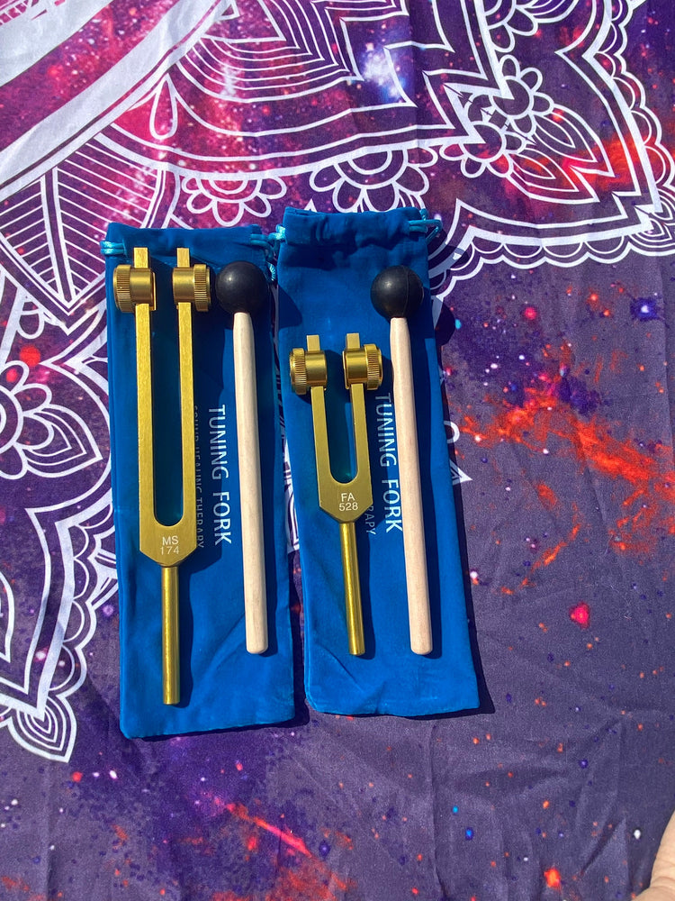 Gold Finish 174 Hz and 528 Hz Solfeggio Set Best Tuning Forks for Vibration - Attenuator Handle Extender with 10mm Crystal