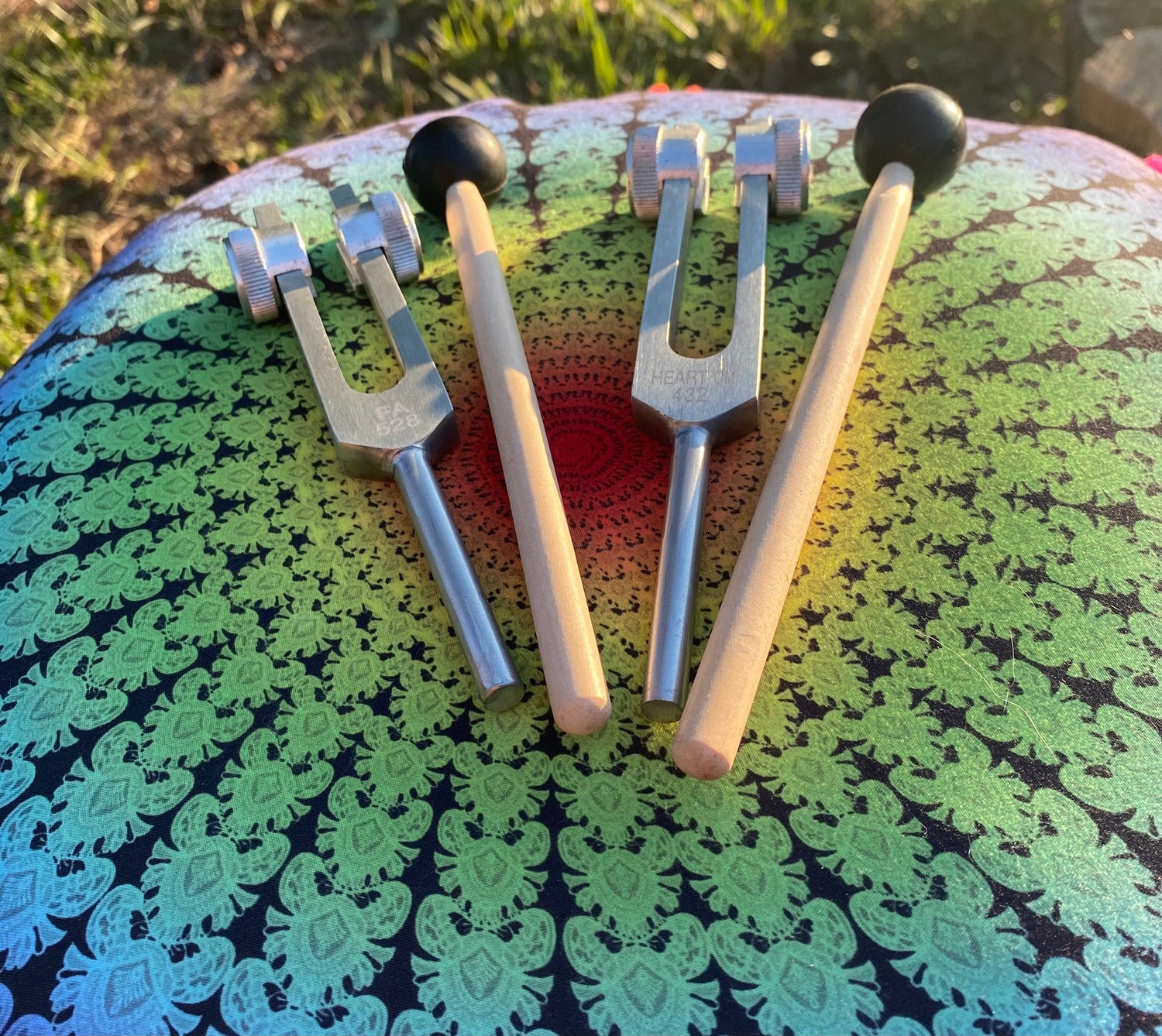 432 Hz and 528 Hz Silver Weighted Solfeggio Set Best Tuning Forks for Vibration - Attenuator Handle Extensions with 10mm Crystal