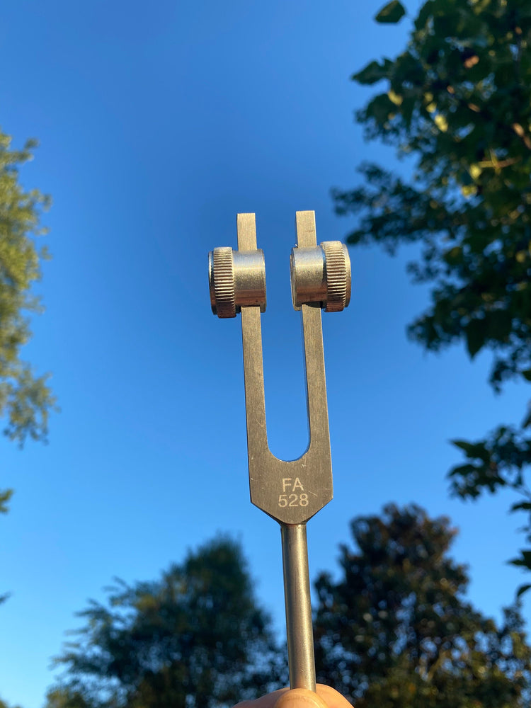 432 Hz and 528 Hz Silver Weighted Solfeggio Set Best Tuning Forks for Vibration - Attenuator Handle Extensions with 10mm Crystal