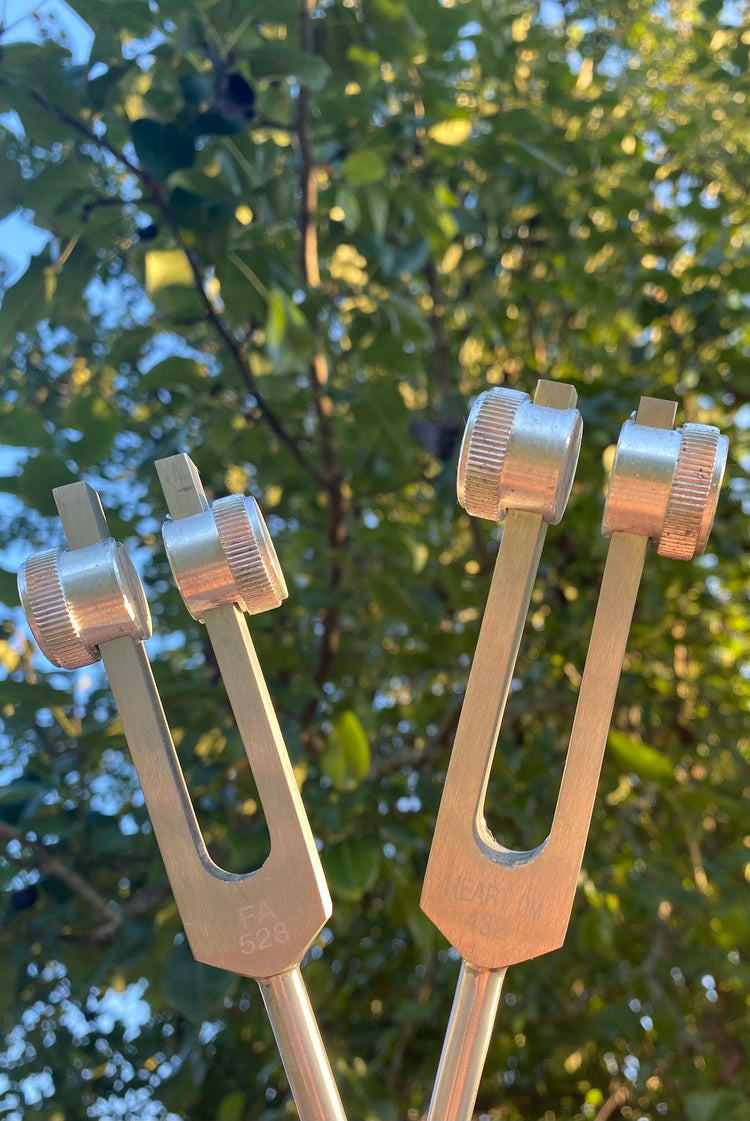 432 Hz and 528 Hz Silver Weighted Solfeggio Set Best Tuning Forks for Vibration - Attenuator Handle Extensions with 10mm Crystal